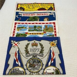 Traditional Scottish Tea Towels SET OF FOUR UK vintage souvenir linen cotton